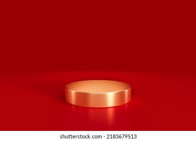 Luxury Gold Podium 3d Stage On Red Background With Golden Round Presentation Product Display Stand Or Empty Festival Pedestal Show Scene Studio Platform And Blank Geometric Sale Advertising Mockup.