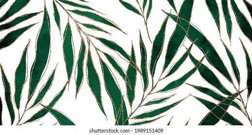 Luxury golden art deco wallpaper. Abstract Nature background. Floral pattern with golden line art on green emerald color. Golden leaves background. Watercolor freehand drawing of leaves, branches. - Powered by Shutterstock