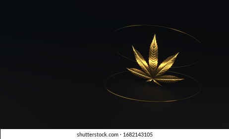 Luxury golden cannabis leaf. Golden glitter leaf of marijuana isolated on black background. Cannabis leaf isometric view with golden shapes. 3d render. 3d illustration.