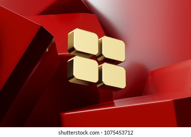 Luxury Golden Large Text Editor Icon With The Red Glossy Boxes. 3D Illustration Of Fine Golden Document, Font, Larger, Size, Text Icon Set On The Red Geometric Background.