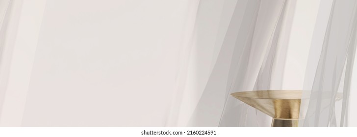 Luxury golden round podium, blank empty space for beauty cosmetic or jewelry products display with blowing satin sheer curtains and sunlight. 3D render, Templates, Mock up, Background, Premium, Shiny.