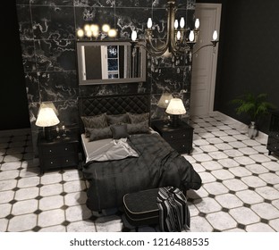 Luxury Goth Bedroom Interior In Black And White 3d Render