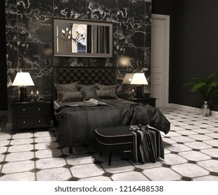 Luxury Goth Bedroom Interior In Black And White 3d Render