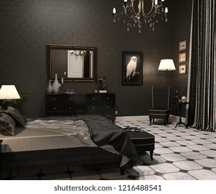 Luxury Goth Bedroom Interior In Black And White 3d Render