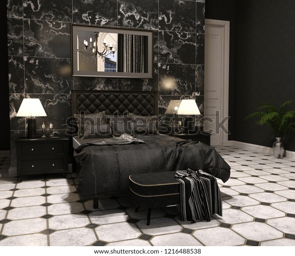 Luxury Goth Bedroom Interior Black White Stockillustration