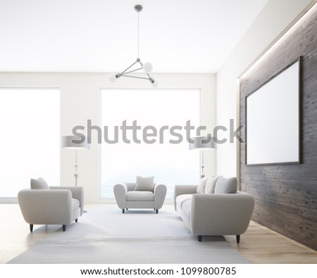 Luxury gray sofas and armchairs standing in a Scandinavian style living room interior. Original floor lamps and a horizontal mock up poster frame. A side view. 3d rendering