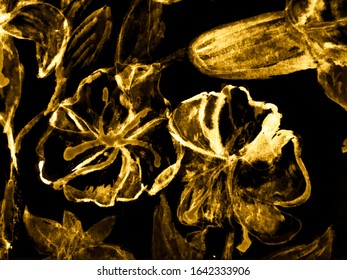 Luxury Hand Paint Flowers. Flowers Watercolor. Gold Metal Dirty Art Style. Gold Metal Pattern Flowers Watercolour. Elegant Natural Picture.