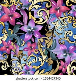  Luxury Hand-painted Vintage Baroque Ornament With Forget-me-not Flowers On Watercolor Splash Background. Seamless Pattern. Fabrick Print