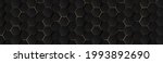 Luxury hexagonal abstract black metal background with golden light lines. Dark 3d geometric texture illustration. Bright grid pattern. Pure black horizontal banner wallpaper. Carbon elegant wedding BG