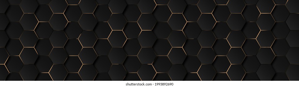 Luxury Hexagonal Abstract Black Metal Background With Golden Light Lines. Dark 3d Geometric Texture Illustration. Bright Grid Pattern. Pure Black Horizontal Banner Wallpaper. Carbon Elegant Wedding BG