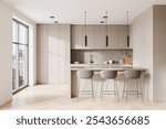 Luxury home kitchen interior with bar island and stool, hardwood floor. Minimalist cooking cabinet in modern apartment with panoramic window on skyscrapers. 3D rendering