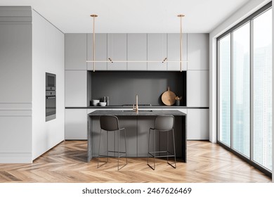 Luxury home kitchen interior with bar island and chairs, grey cabinet and kitchenware. Cooking and dining space with panoramic window on Singapore skyscrapers. 3D rendering - Powered by Shutterstock