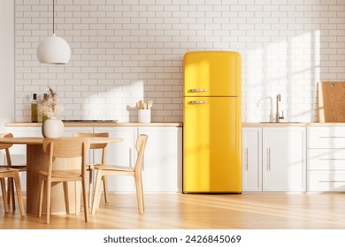 Luxury home kitchen interior beige cabinet with kitchenware, dining table with chairs and yellow refrigerator. Cooking space with appliances and white brick wall. 3D rendering