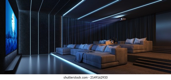 Luxury Home Theater Room With Big Couch.3d Rendering