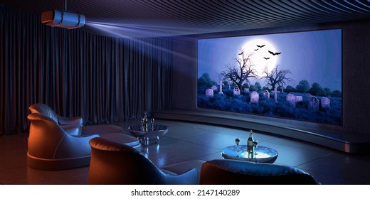 Luxury Home Theater Room With Soft Seat.3d Rendering