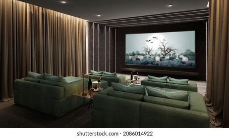 Luxury Home Theater Room.3d Rendering