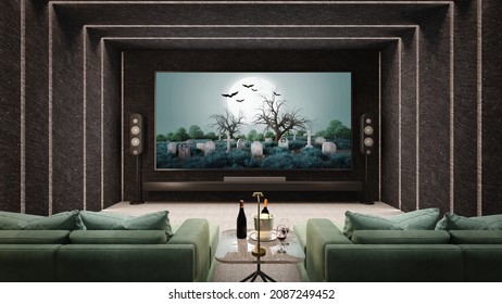 Luxury Home Theater Room,Living Room.3d Rendering