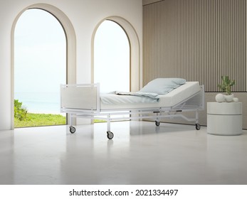 Luxury Hospital Room With Beach And Sea View In Medical Tourism Concept. 3D Rendering Of Home Interior For Self-isolation Quarantine From Covid-19.