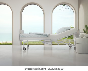 Luxury Hospital Room With Beach And Sea View In Medical Tourism Concept. 3D Rendering Of Home Interior For Self-isolation Quarantine From Covid-19.