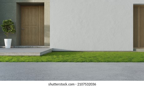 Luxury house with concrete wall and wooden front door in modern design. Green grass lawn near home entrance. 3d illustration of contemporary holiday villa exterior.