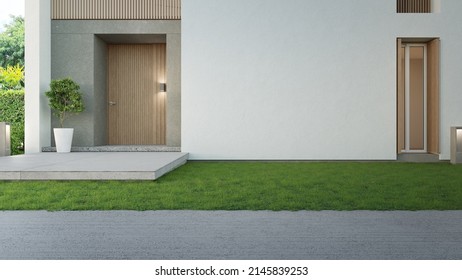 Luxury House With Concrete Wall And Wooden Front Door In Modern Design. Green Grass Lawn Near Home Entrance. 3d Illustration Of Contemporary Holiday Villa Exterior.