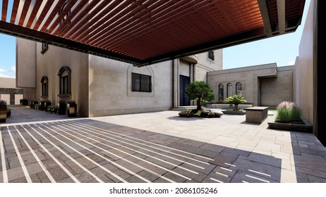 Luxury House Entrance Main Gate, 3d Rendering, Porch Shading For Car Parking 