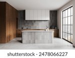 Luxury house kitchen interior with bar island, modern kitchenware and decoration. Cooking space with wooden and tile design, concrete floor. Panoramic window on countryside. 3D rendering