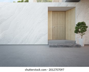 Luxury house with marble wall and wooden front door in modern design. Empty concrete floor near home entrance. 3d illustration of contemporary holiday villa exterior.