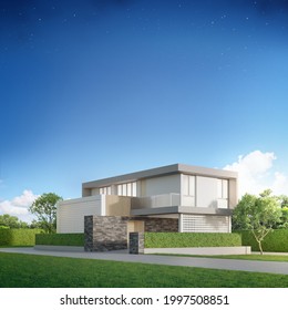 Luxury House In Modern Design. Green Grass Lawn At Vacation Home. 3d Illustration Of Contemporary Holiday Villa Exterior Building With Garden Picture And Starry Blue Sky Image Background.