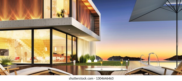 Luxury house with pool and terrace for relaxing. 3D rendering - Shutterstock ID 1304646463