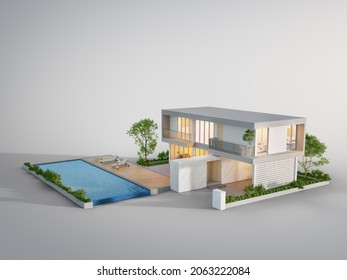 Luxury house with swimming pool isolated on empty white background in real estate sale or property investment concept. Buying new home for big family. 3d illustration of residential building exterior.
