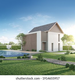 Luxury House With Swimming Pool And Wooden Terrace In Modern Design. Green Grass Lawn At Vacation Home. 3d Illustration Of Contemporary Holiday Villa Exterior.