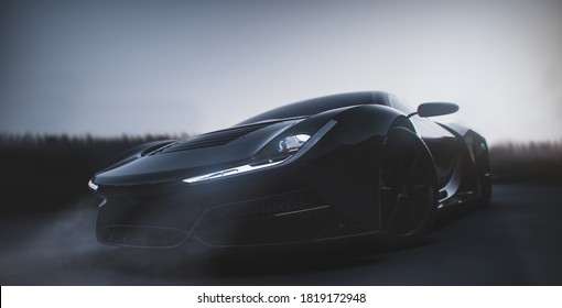 Luxury  Hyper Car At Early Sunset, Front View, Focus On Headlights (non-existent Car Design, Full Generic)- 3d Illustration, 3d Render