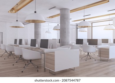 Luxury Industrial Coworking Loft Office Interior With Furniture, Computer Monitors, Wooden, Flooring And Window With City View And Daylight. Workplace And No People Concept. 3D Rendering