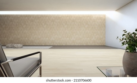 Luxury Interior Design 3D Rendering Of Modern Showroom Or Hotel. Wooden Floor Living Room And White Gravel Zen Garden With Empty Triangle Pattern Wall Background.