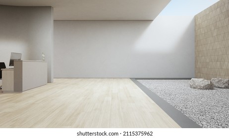 Luxury Interior Design 3D Rendering Of Modern Showroom Or Hotel. Wooden Floor Lobby And White Gravel Zen Garden With Empty Concrete Wall Background.