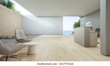 Luxury interior design 3D rendering of modern sea view showroom or beach hotel. Wooden floor lobby and white gravel zen garden with empty concrete wall background.