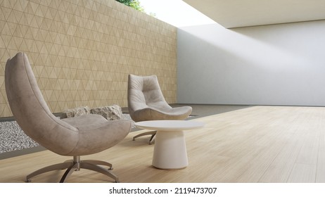 Luxury Interior Design 3D Rendering Of Modern Showroom Or Hotel. Wooden Floor Living Room And White Gravel Zen Garden With Empty Triangle Pattern Wall Background.