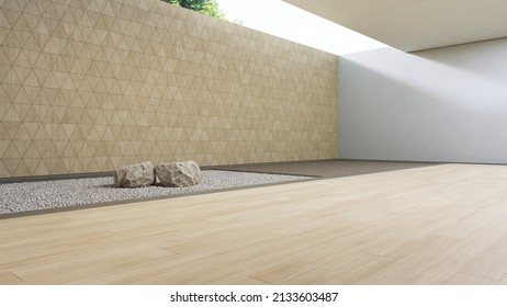 Luxury Interior Design 3D Rendering Of Modern Showroom Or Hotel. Wooden Floor Living Room And White Gravel Zen Garden With Empty Triangle Pattern Wall Background.