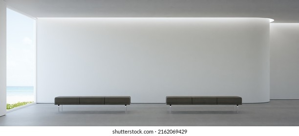 Luxury Interior Design 3D Rendering Of Modern Sea View Showroom Or Beach House. Empty Gray Floor Living Room With White Concrete Wall Background.