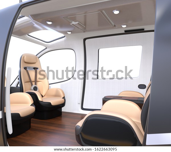 Luxury interior of flying\
car (air taxi). The front seats turned to backward. 3D rendering\
image.