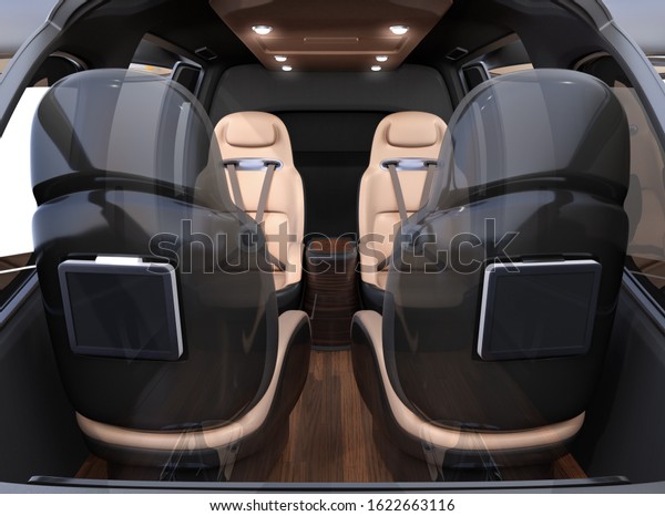 Luxury\
interior of flying car (air taxi) with comfortable leather seats.\
Transparent layer composite. 3D rendering\
image.