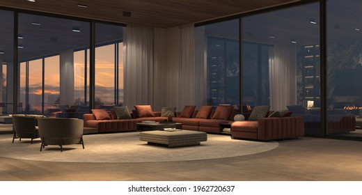 Luxury interior with panoramic windows and sunset view, modern large sofa with armchairs, carpet, stone floor and wooden ceiling. Design open living room with night lighting. 3d render illustration.