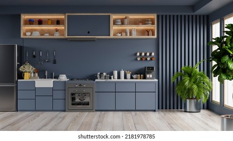 Luxury Kitchen Corner Design With Dark Blue Wall.3D Rendering