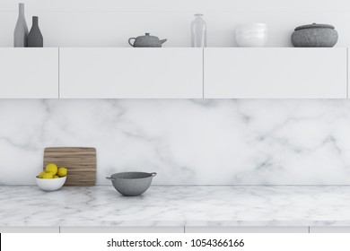 Luxury Kitchen Interior With White Marble Walls And White Countertops. A Close Up. 3d Rendering Mock Up