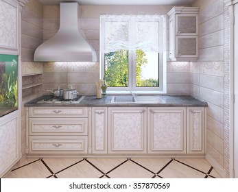 Luxury kitchen in private house modern style. Vertical tile in kitchen interior. 3D render