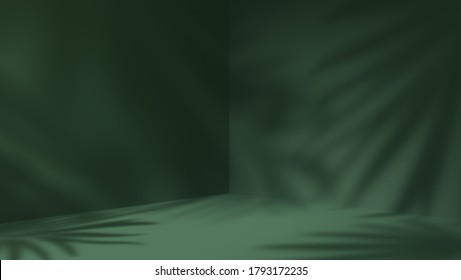 Luxury Leaf Shadow Leaves In Blank Green Natural Background. Concept Scene Stage Showcase, Product, Nature, Perfume, Promotion Sale, Banner, Presentation, Cosmetic. 3D Render