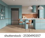 Luxury light blue home kitchen interior bar island and chairs, cooking cabinet with fridge and shelves on hardwood floor. Dining space in modern apartment. 3D rendering