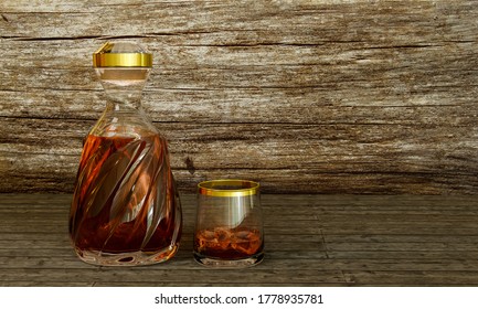Botella de licor de lujo o botella de whisky, tapa en forma de diamante con una franja dorada, y una botella completa de bebida Un vaso de whisky transparente con licor en el vaso. Representación 3D.