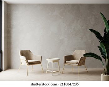 Luxury living room with armchairs and table. Accent empty wall with decorative plaster stucco. Warm beige taupe interior design. Mockup art. 3d rendering